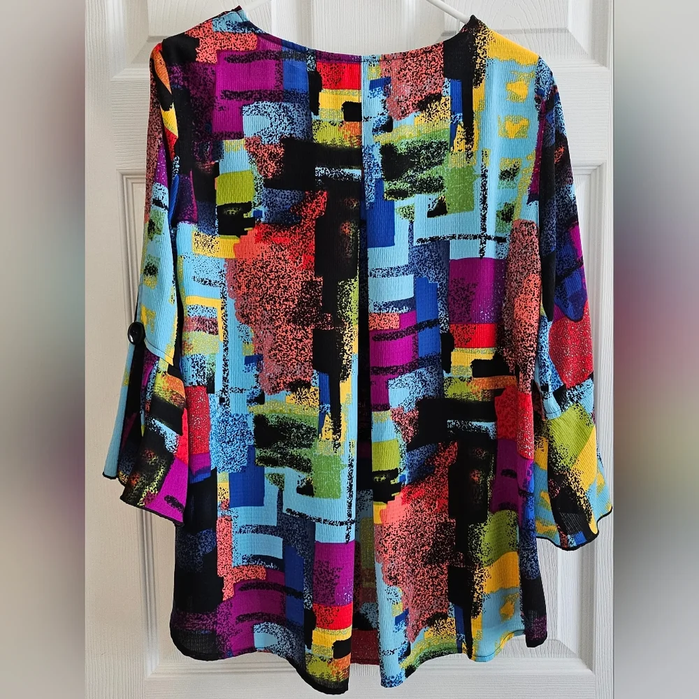 Ali Miles Small Tunic Top multi color bell sleeves pleated designer - Picture 2 of 10